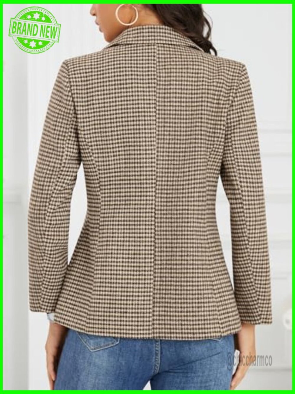 Plaid Blazer with Embroidered Collar Houndstooth Work Office Jacket - Picture 2 of 7